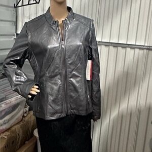 NWT tribal women’s dark silver faux leather convertible vest midi jacket size 12